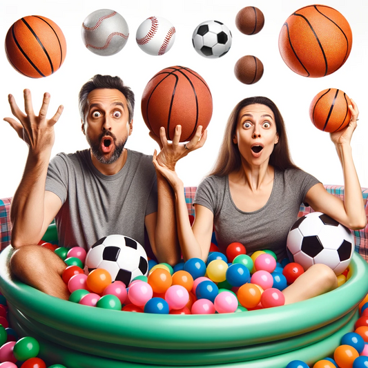 Funny image of parents sitting in a ball pit surrounded by sports balls.